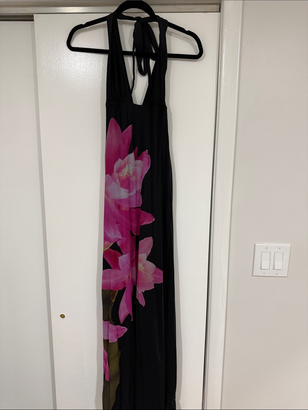 Black Halter Maxi Dress with Pink Floral Print Accent